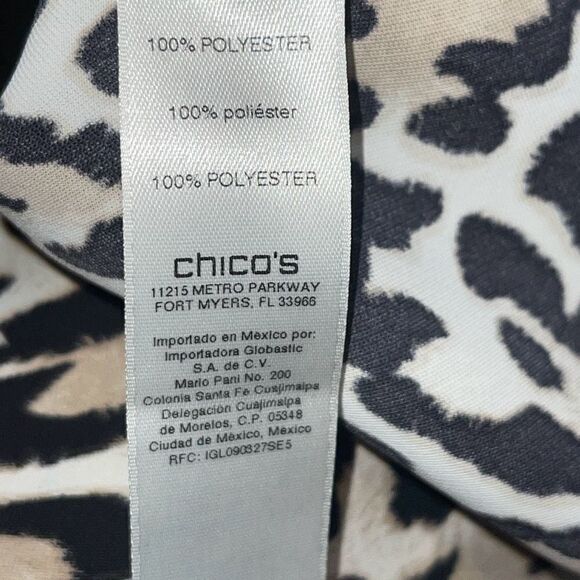 Chico's Womens Animal Print Button Front Tie Neck Long Sleeve Blouse Tan Black 3 - Picture 9 of 10